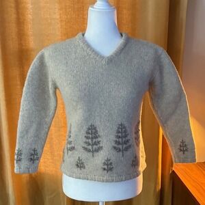 Vtg 90s/00s Eddie Bauer 100% Wool V-Neck Tree Intarsia Sweater Oatmeal Beige